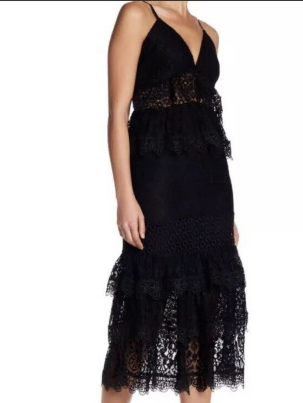 KENDALL + KYLIE Black Lace Midi Dress Tiered Ruffle Slip Size M